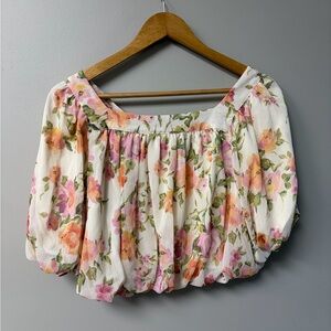 Anthropologie White Floral Square-Neck Puff Sleeve Blouse